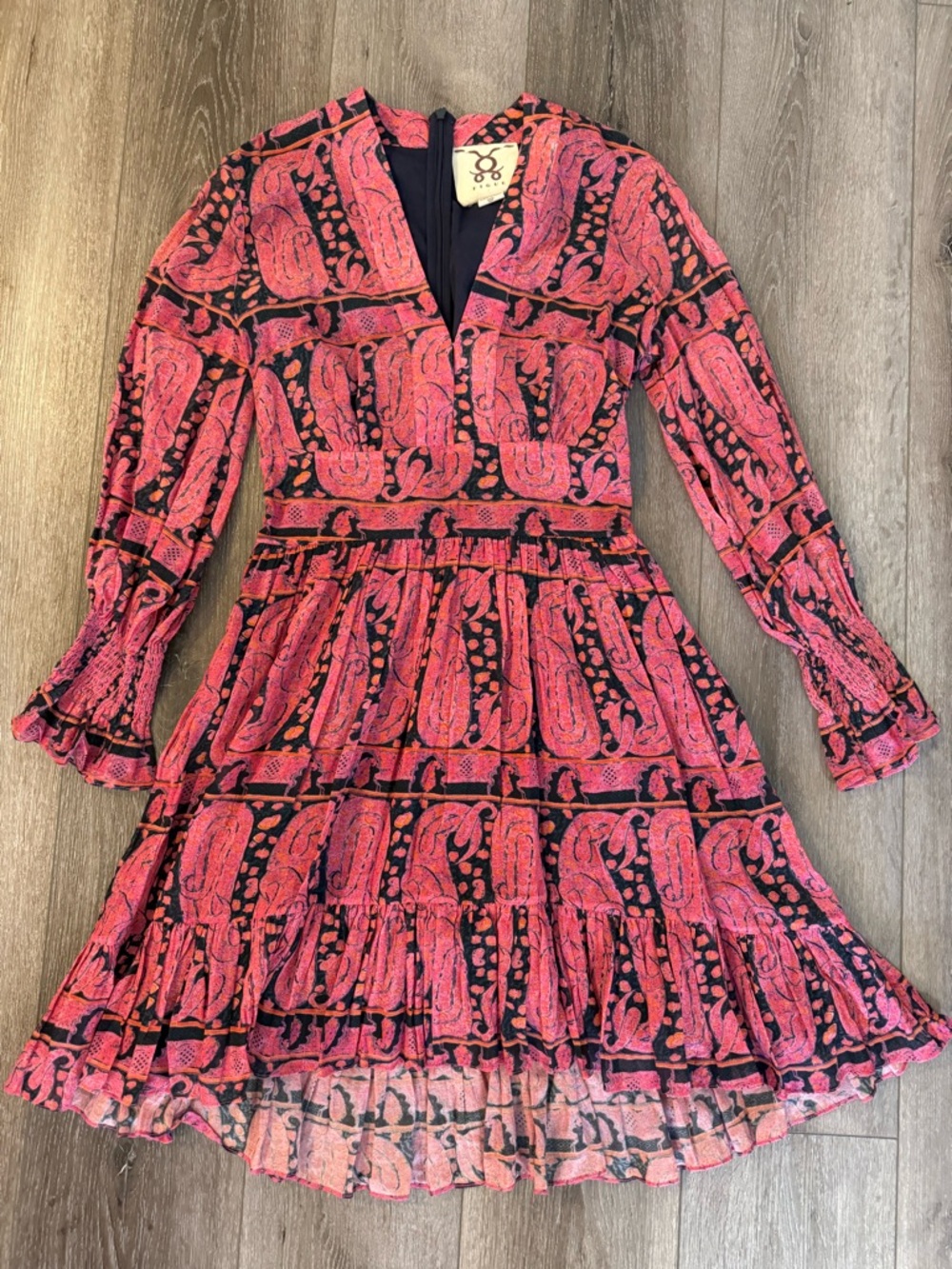 Figue Playa Paisley Pink Long Sleeve Ruffle Hem Ruched Waist Dress Size XS